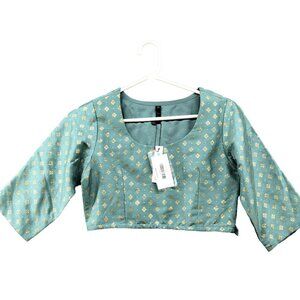 NWT Janasya Indian Womens Sea Green Poly-Silk Gold Print Lehenga Choli Kurta Top